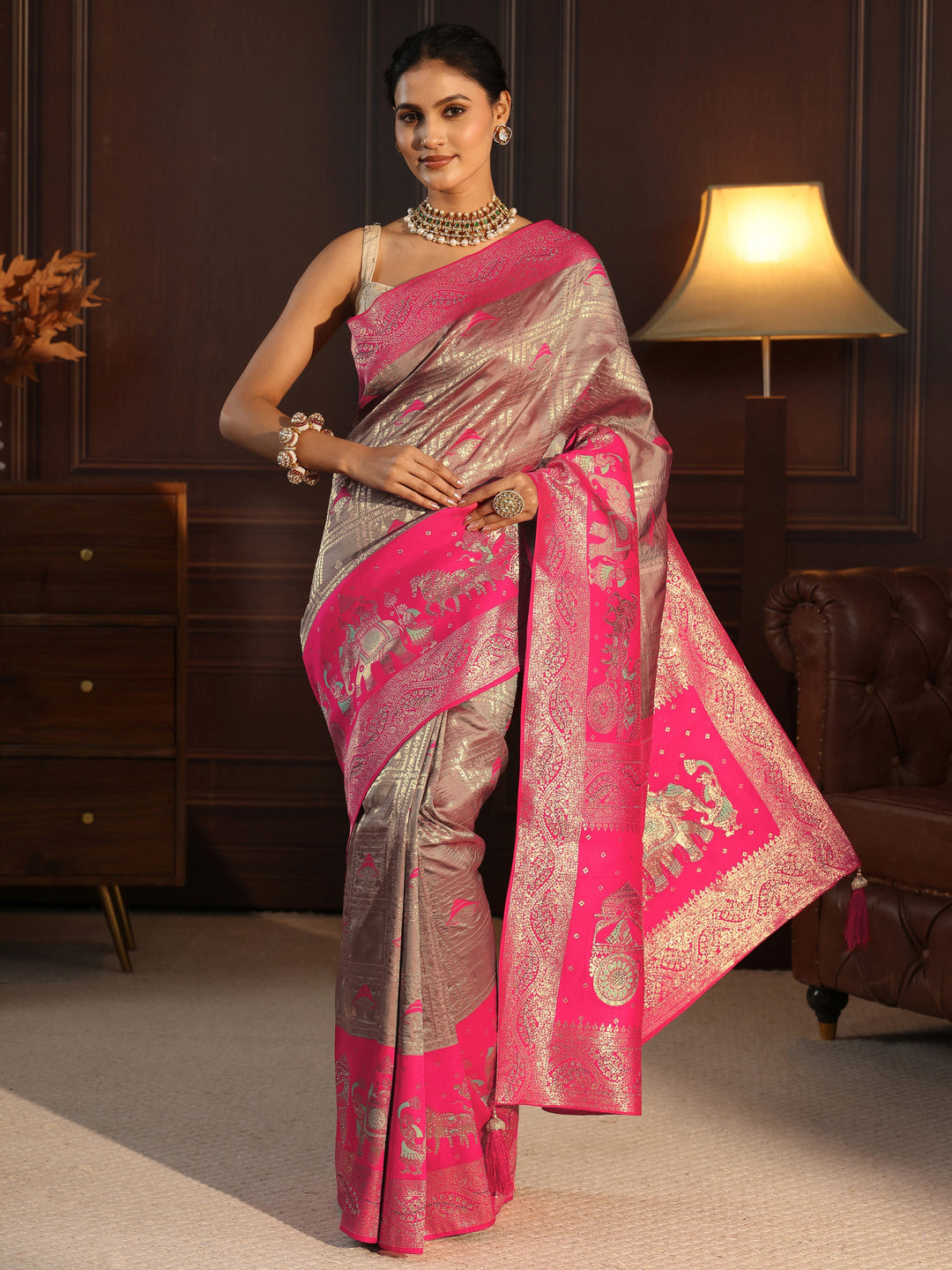 Libas Taupe Grey Mughal Style Woven Design Brocade Saree