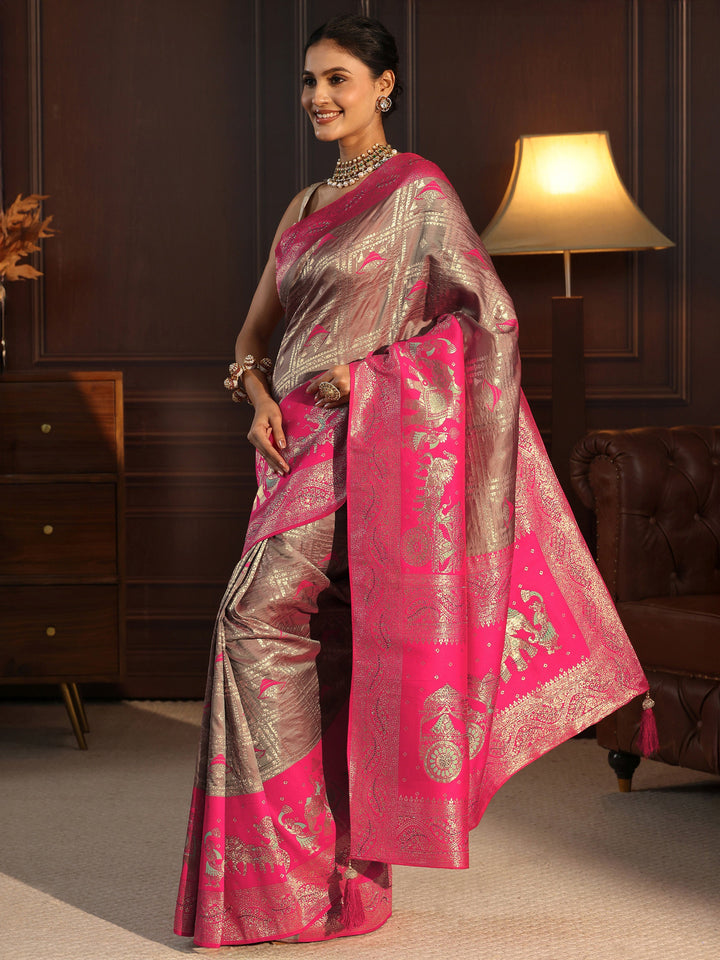 Libas Taupe Grey Mughal Style Woven Design Brocade Saree