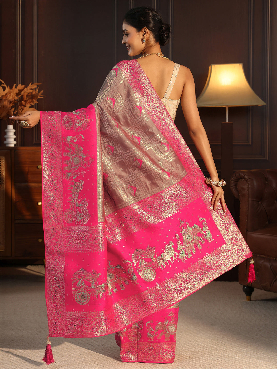 Libas Taupe Grey Mughal Style Woven Design Brocade Saree