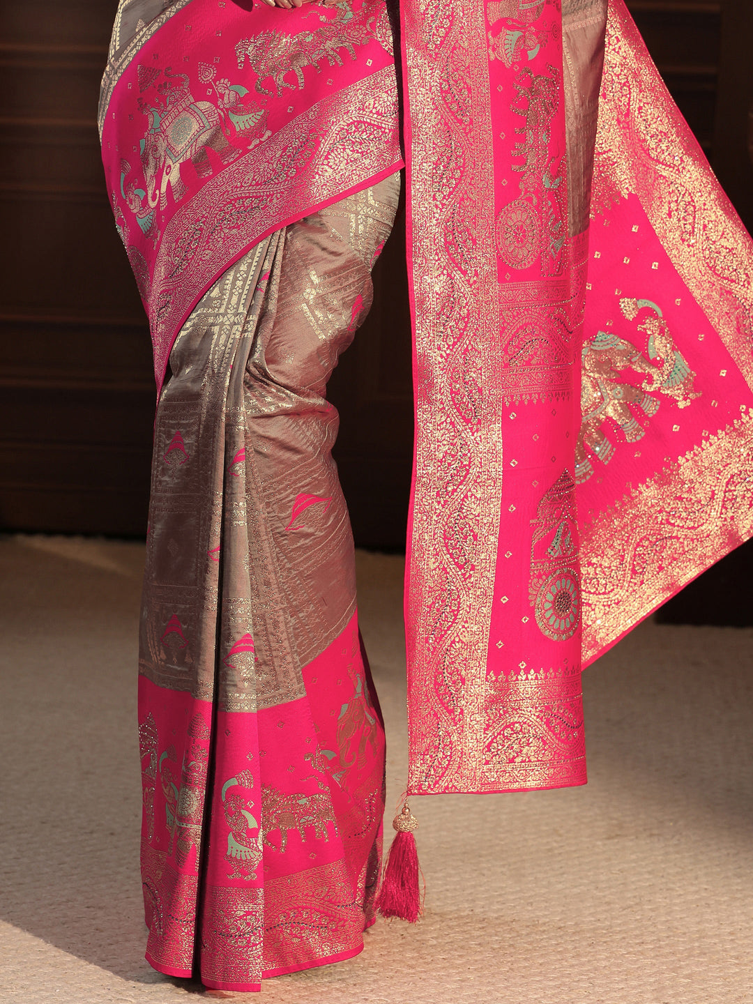 Libas Taupe Grey Mughal Style Woven Design Brocade Saree