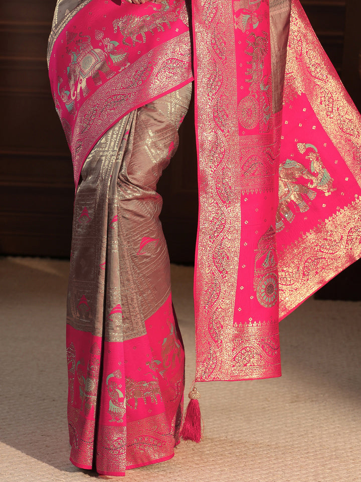 Libas Taupe Grey Mughal Style Woven Design Brocade Saree