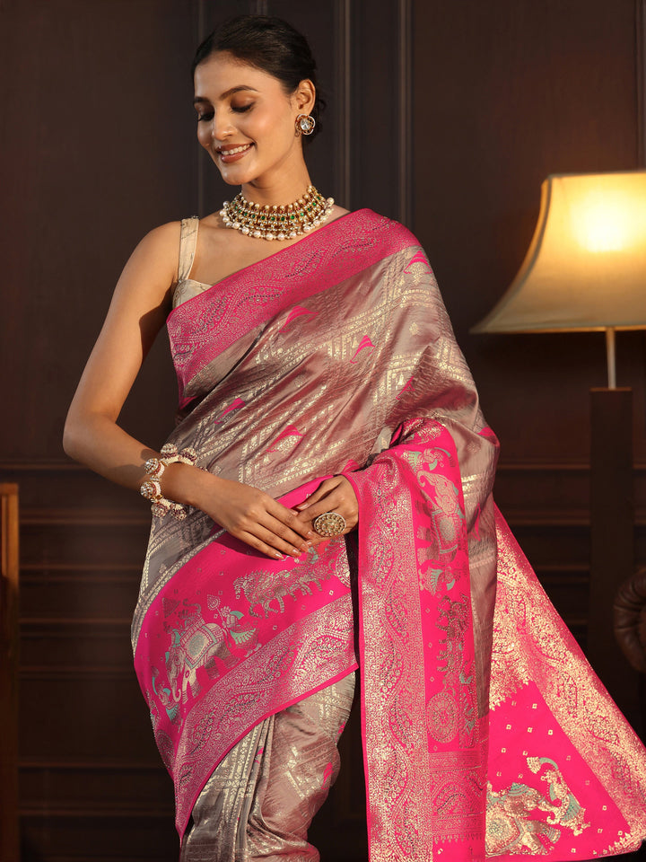 Libas Taupe Grey Mughal Style Woven Design Brocade Saree