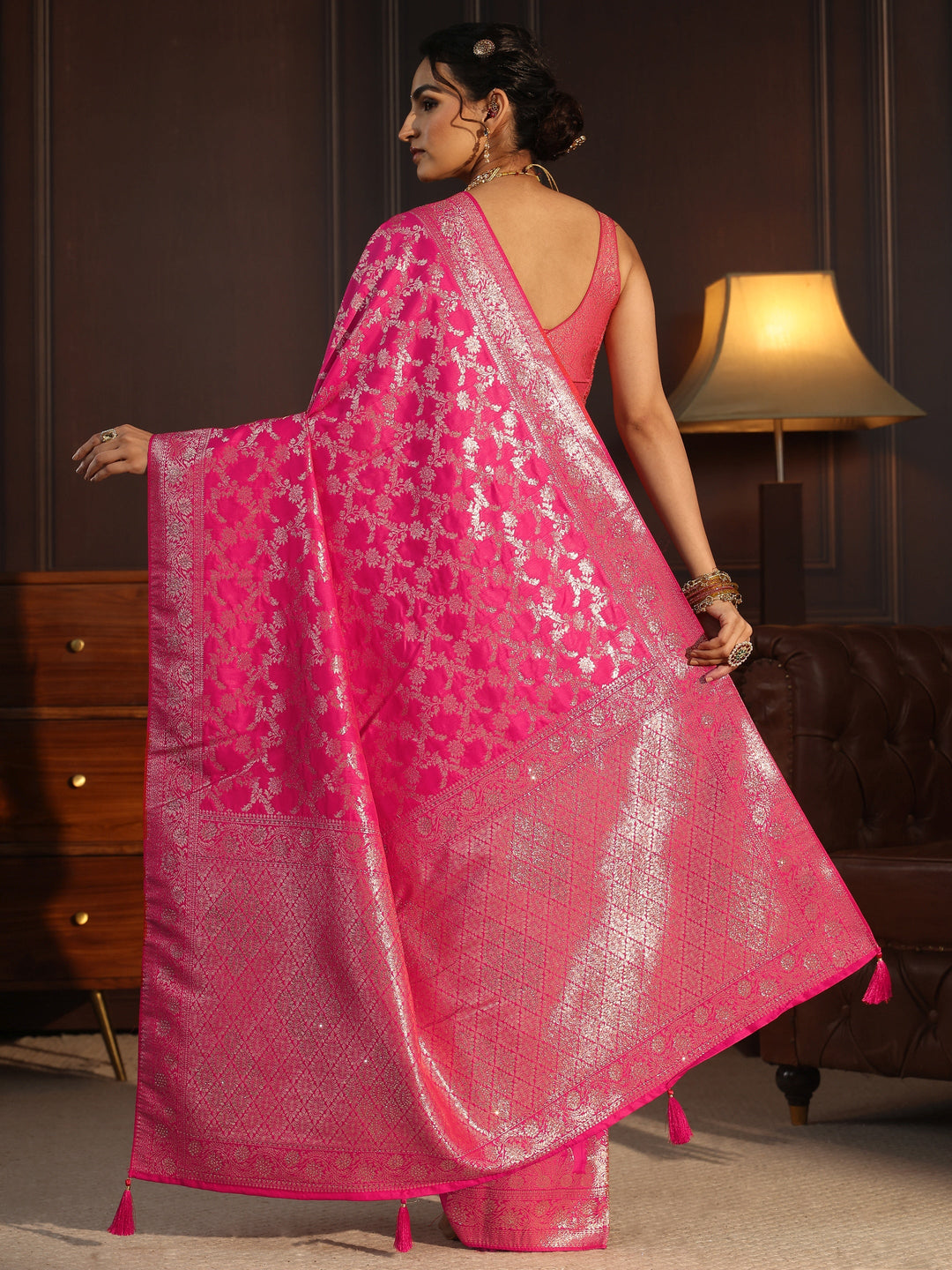 Libas Hot Pink Floral Design Brocade Saree