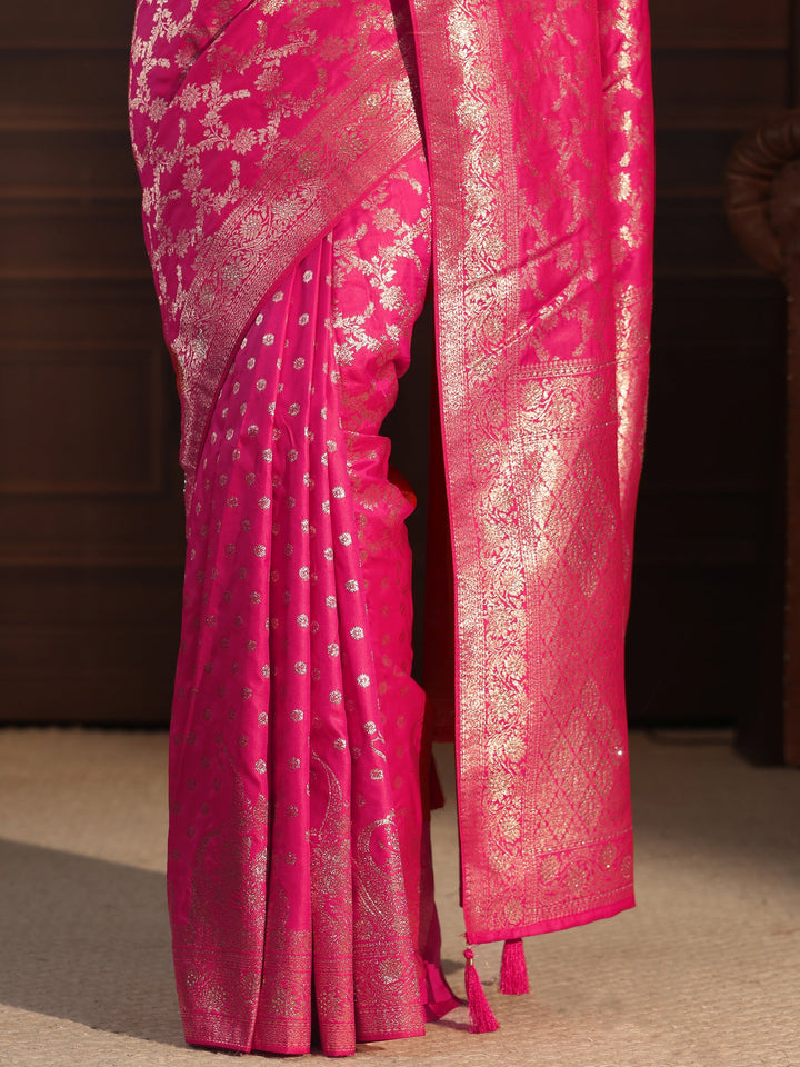 Libas Hot Pink Floral Design Brocade Saree