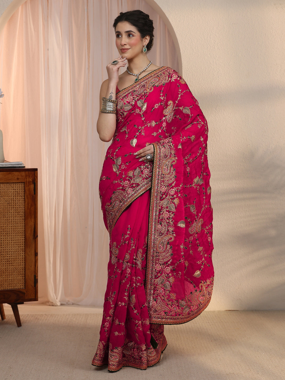 Libas Art Rani Pink Floral Embroidered Tissue Saree