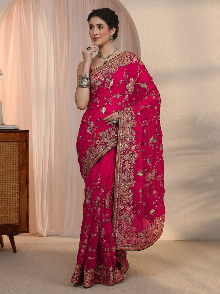 Libas Art Rani Pink Floral Embroidered Tissue Saree