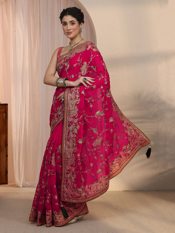 Libas Art Rani Pink Floral Embroidered Tissue Saree
