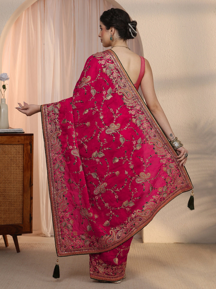 Libas Art Rani Pink Floral Embroidered Tissue Saree