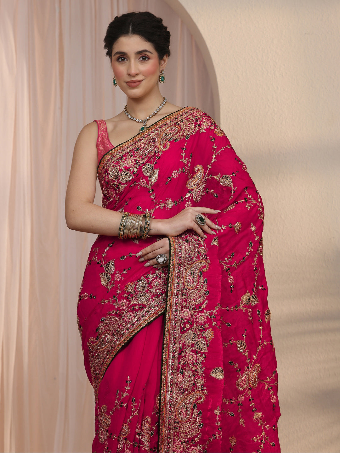 Libas Art Rani Pink Floral Embroidered Tissue Saree