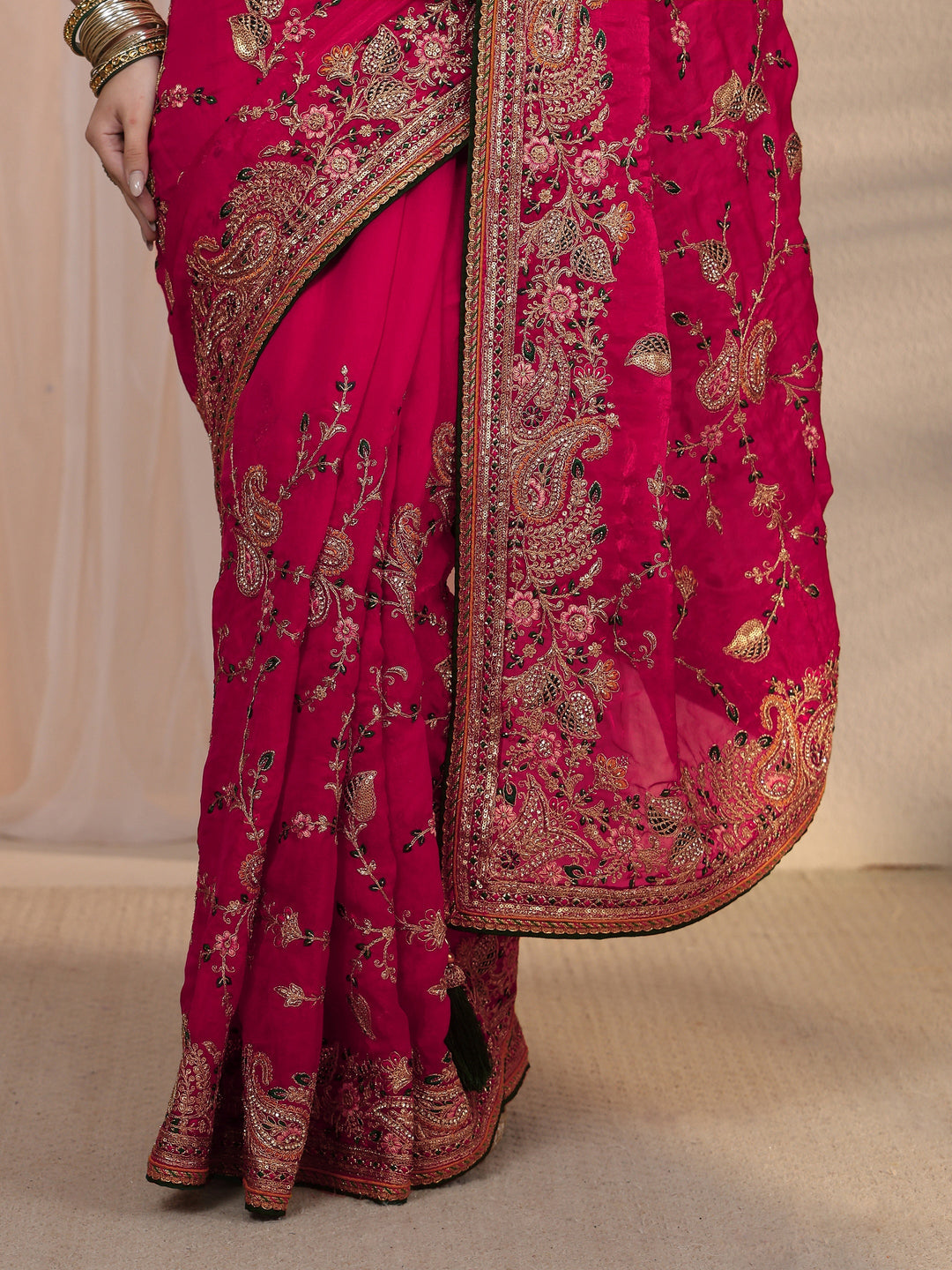 Libas Art Rani Pink Floral Embroidered Tissue Saree