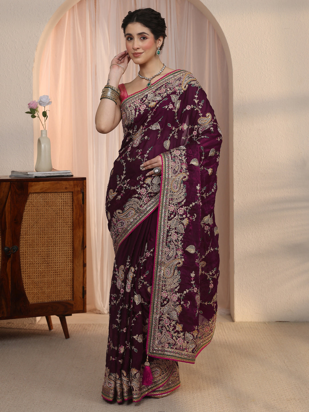 Libas Art Wine Floral Embroidered Tissue Saree
