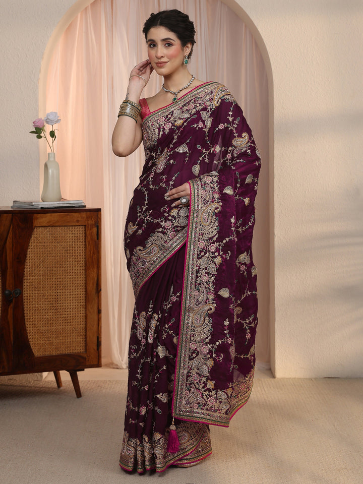 Libas Art Wine Floral Embroidered Tissue Saree