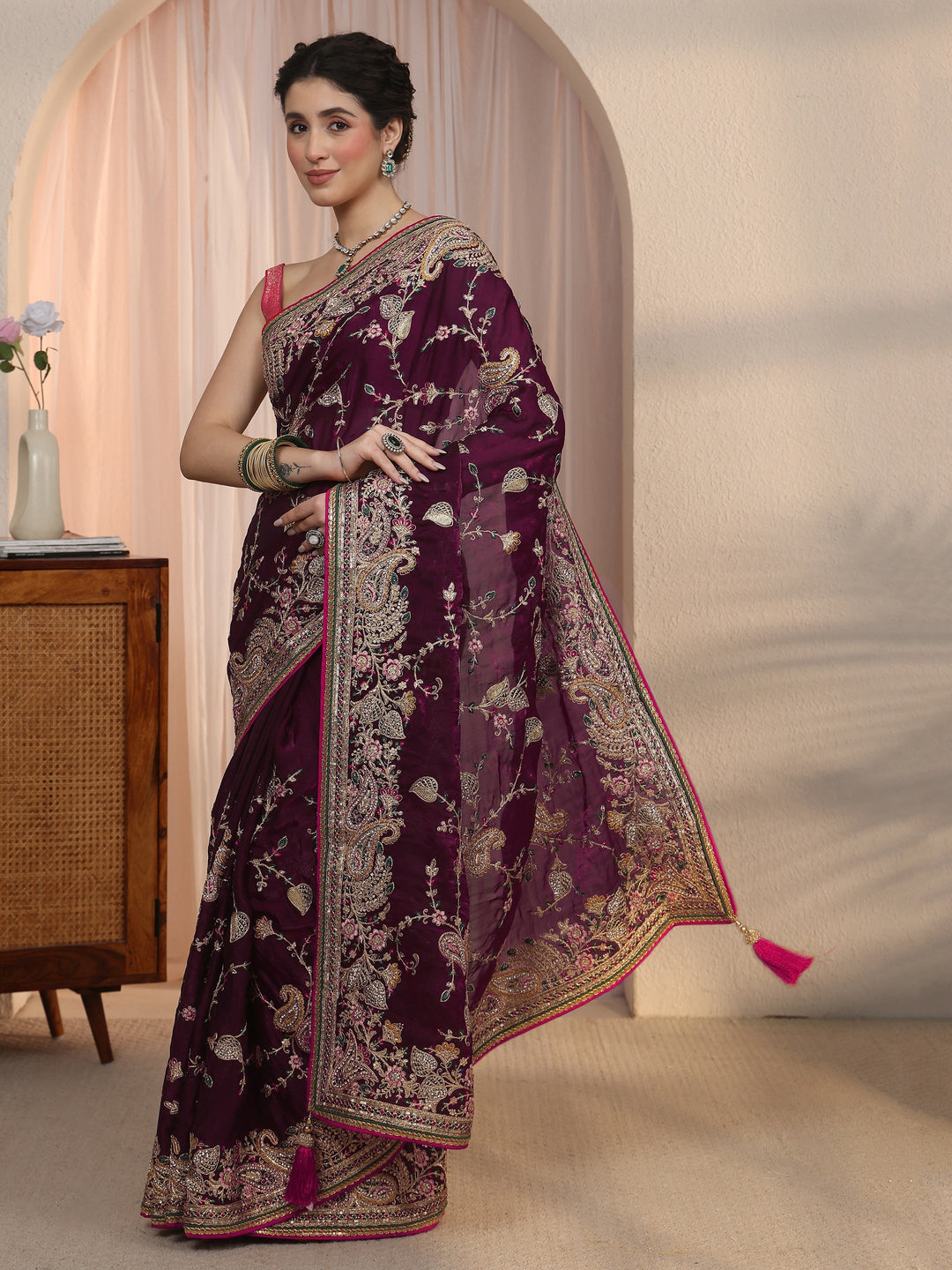 Libas Art Wine Floral Embroidered Tissue Saree