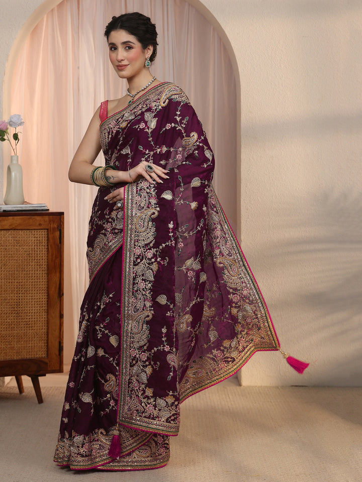 Libas Art Wine Floral Embroidered Tissue Saree