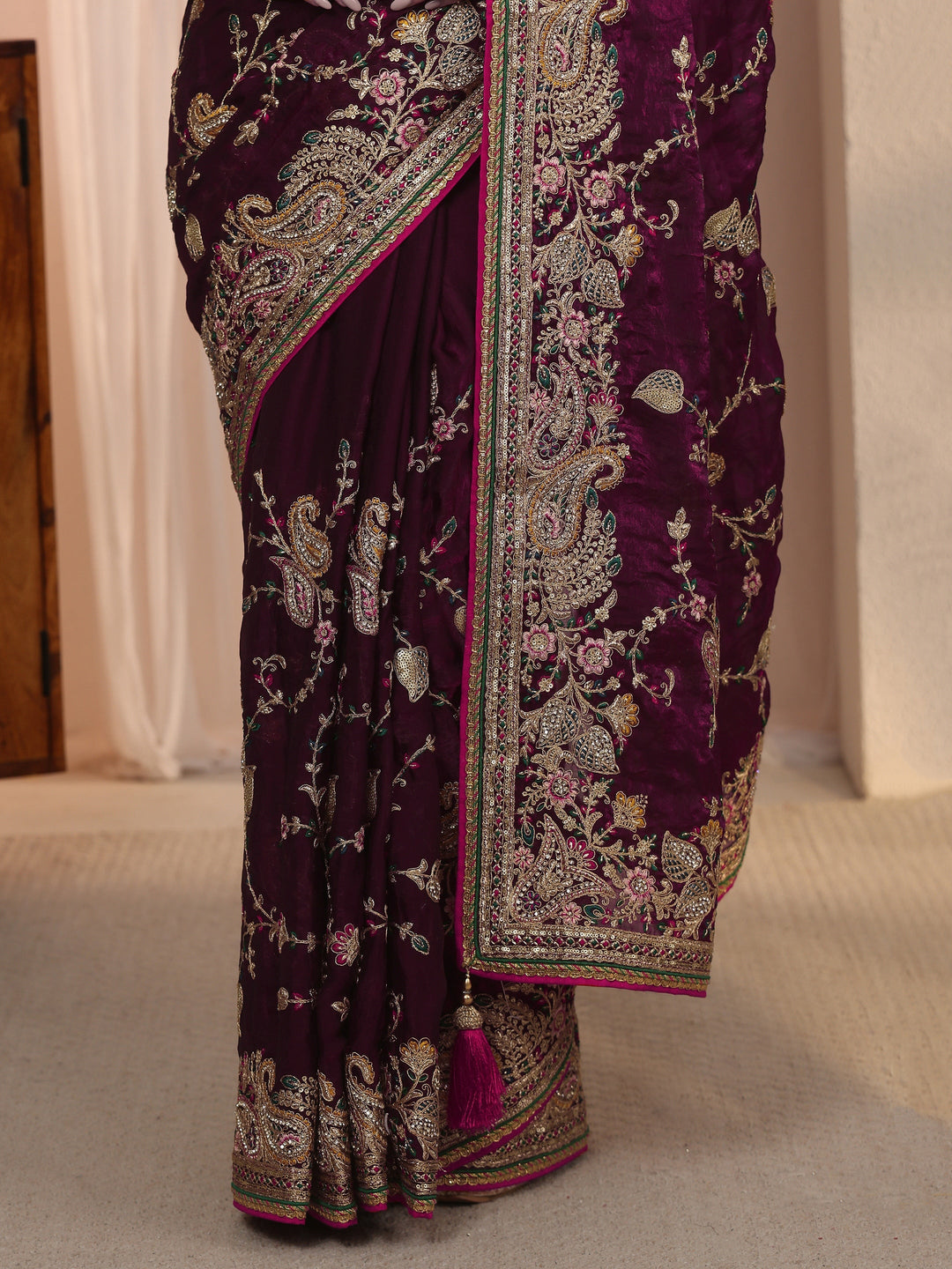 Libas Art Wine Floral Embroidered Tissue Saree