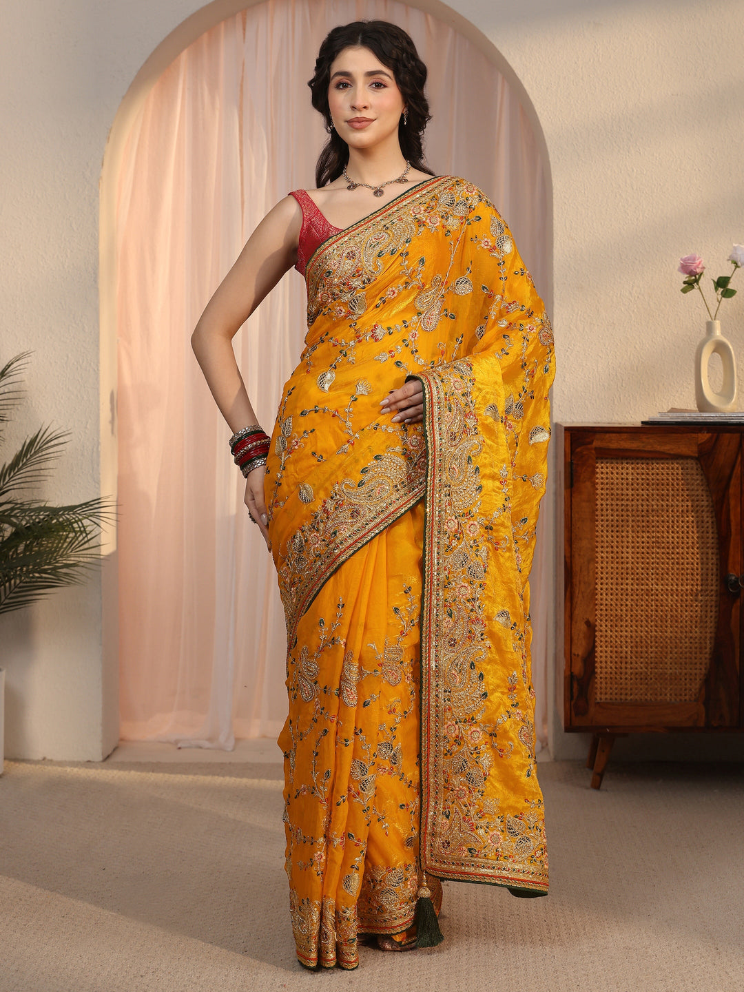 Libas Art Mustard Floral Embroidered Tissue Saree