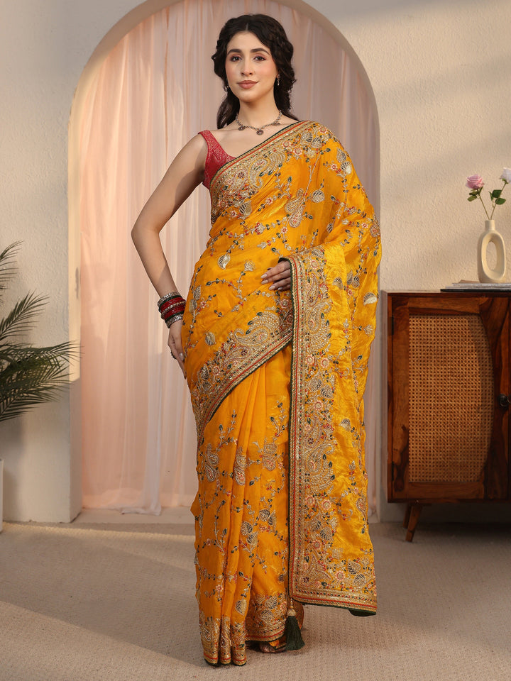 Libas Art Mustard Floral Embroidered Tissue Saree