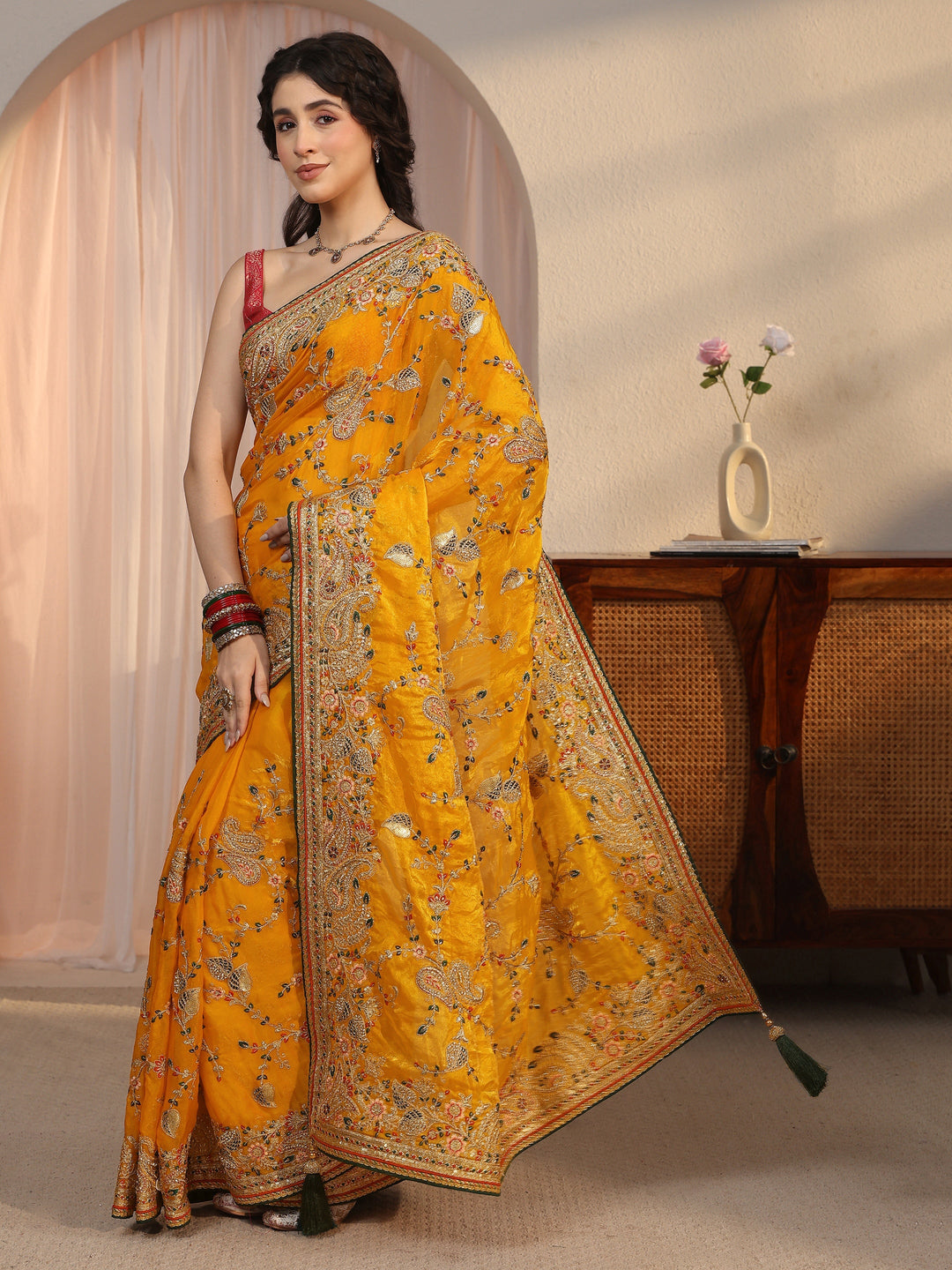 Libas Art Mustard Floral Embroidered Tissue Saree