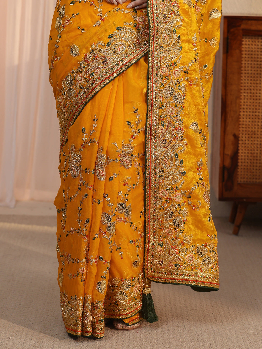 Libas Art Mustard Floral Embroidered Tissue Saree