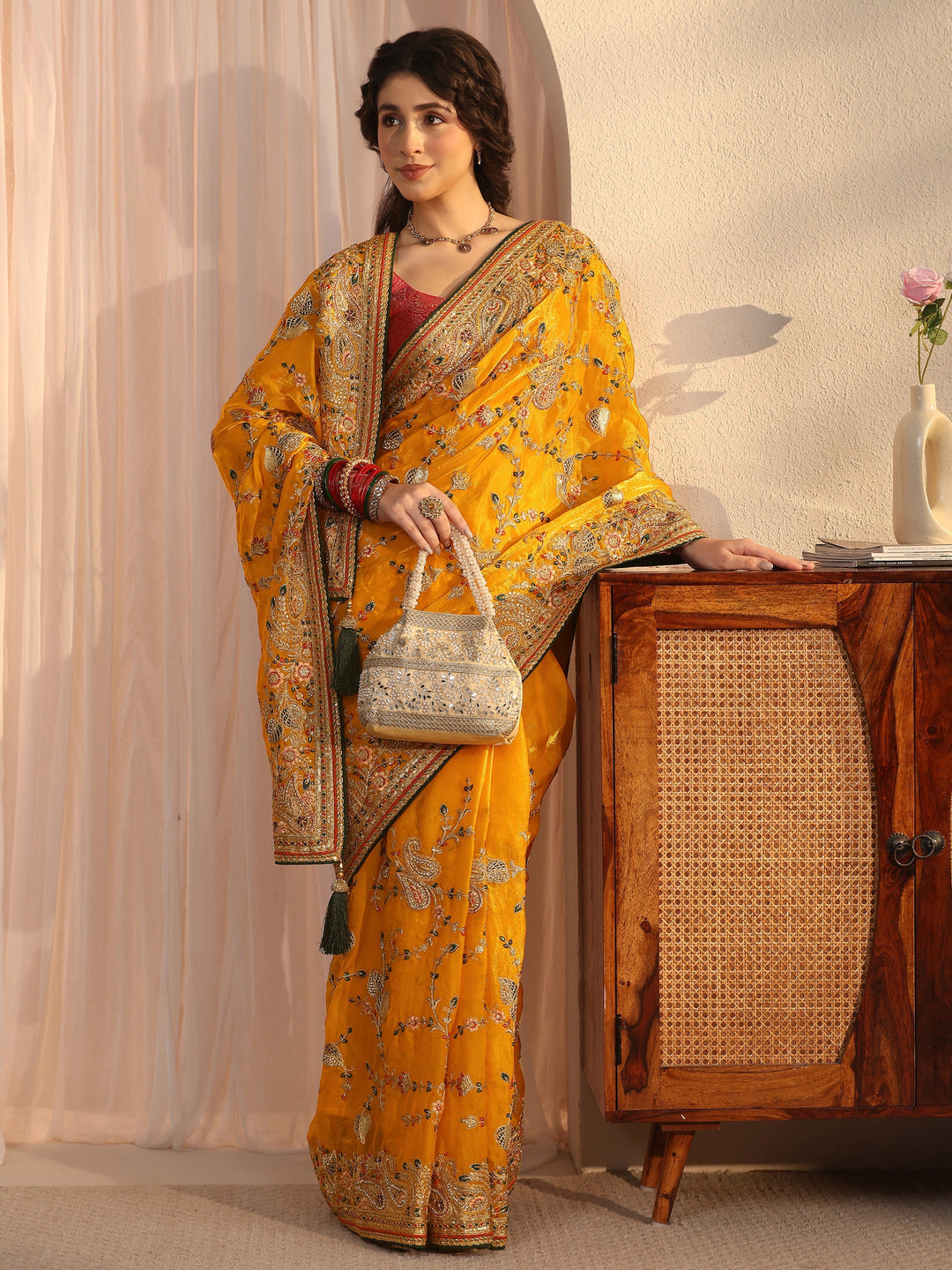 Libas Art Mustard Floral Embroidered Tissue Saree
