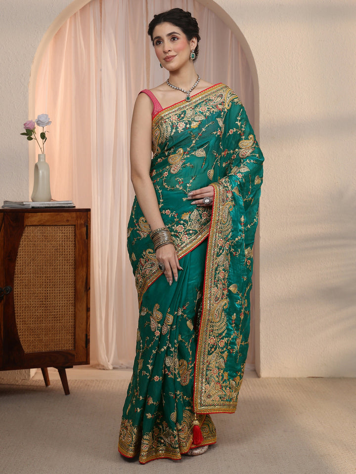 Libas Art Teal Blue Floral Embroidered Tissue Saree