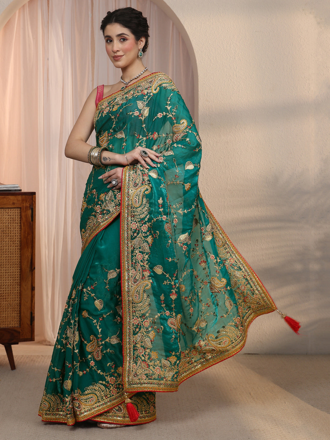 Libas Art Teal Blue Floral Embroidered Tissue Saree