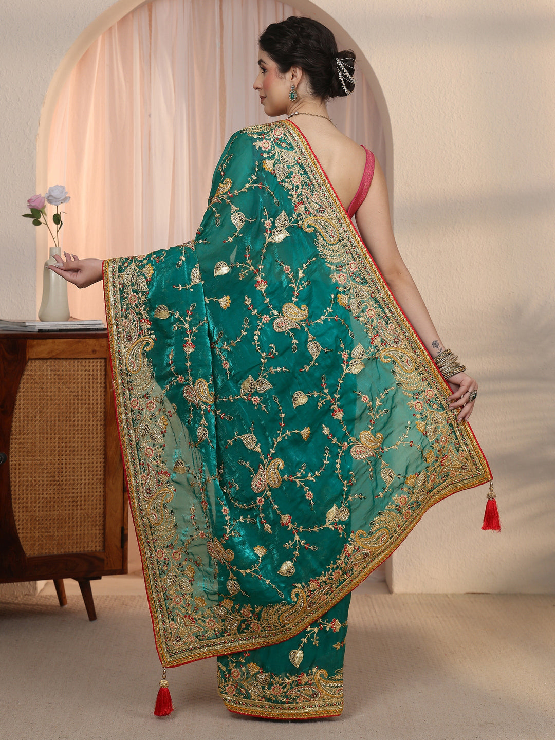 Libas Art Teal Blue Floral Embroidered Tissue Saree