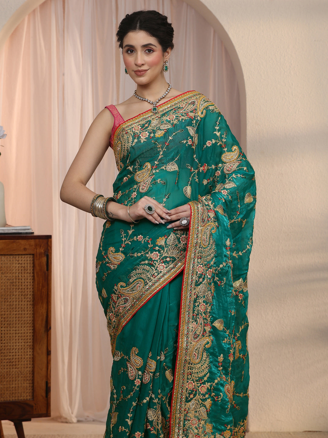 Libas Art Teal Blue Floral Embroidered Tissue Saree