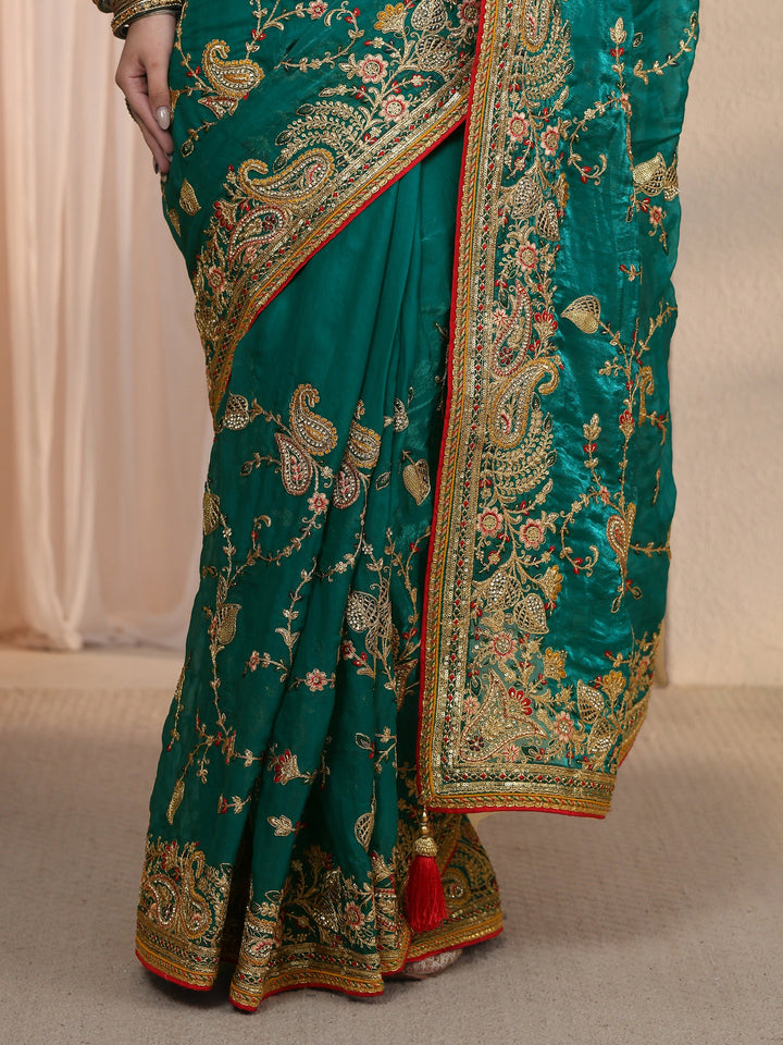 Libas Art Teal Blue Floral Embroidered Tissue Saree