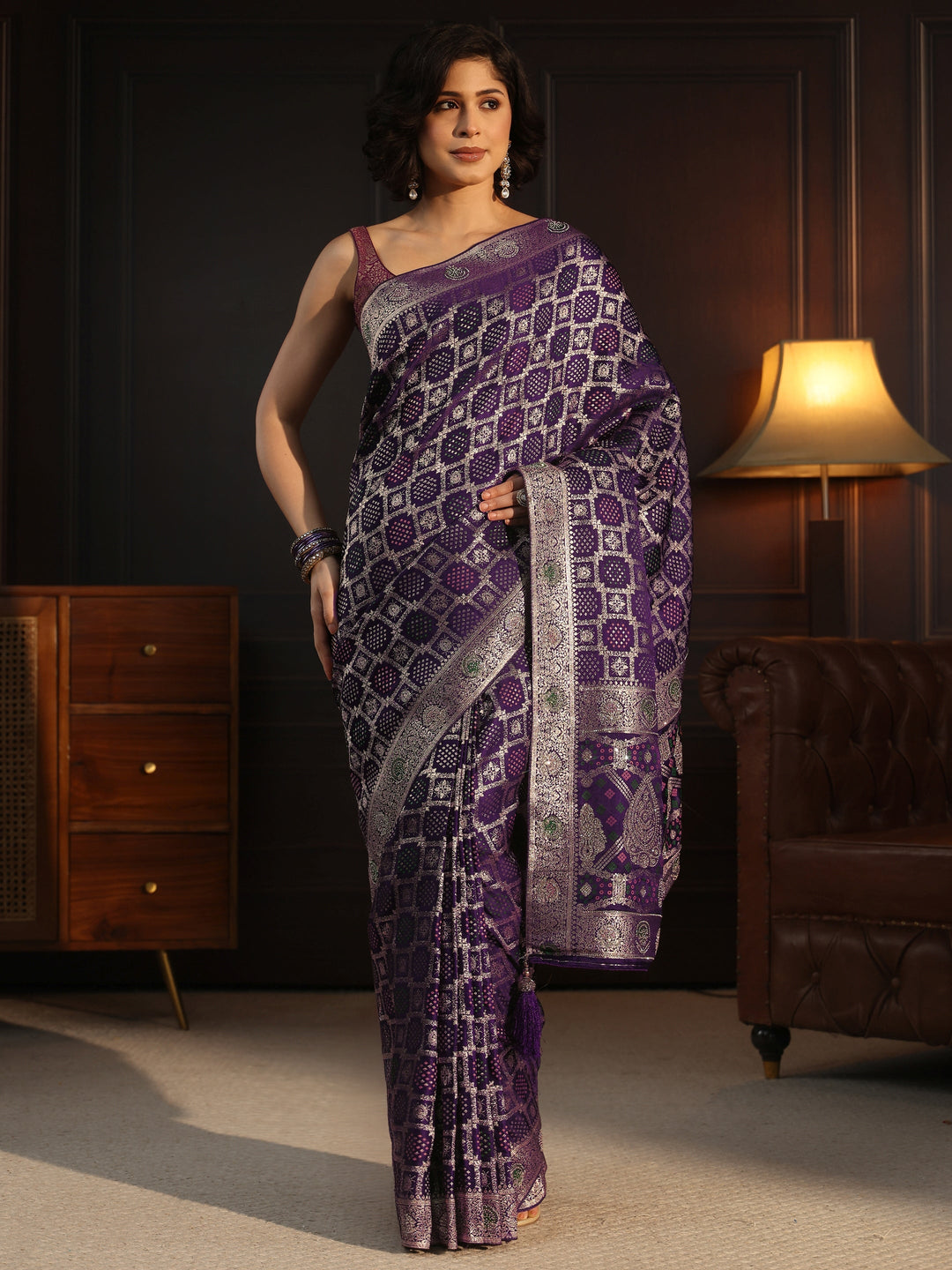 Libas Art Purple Stone Work Embellished Satin Saree