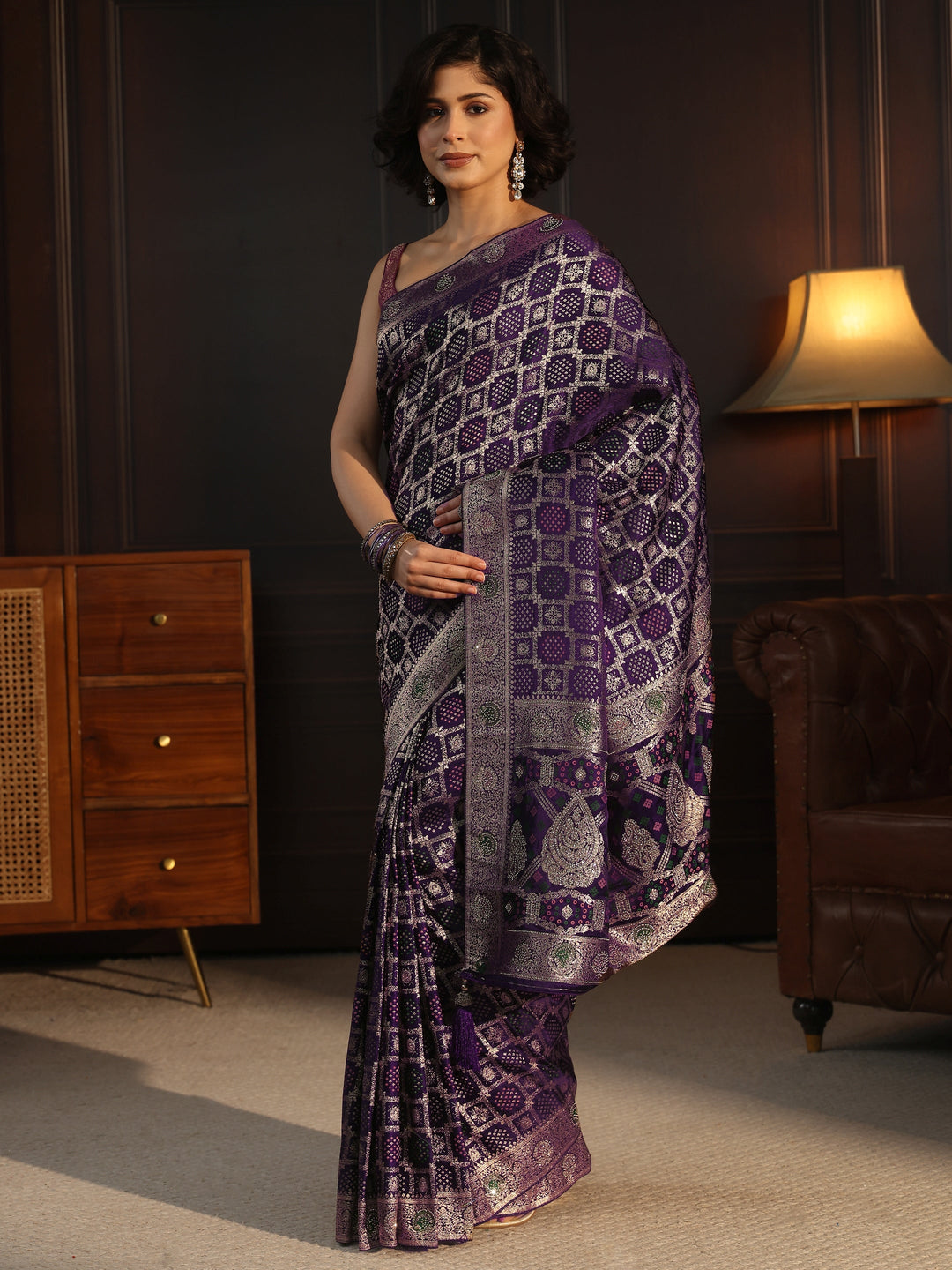 Libas Art Purple Stone Work Embellished Satin Saree