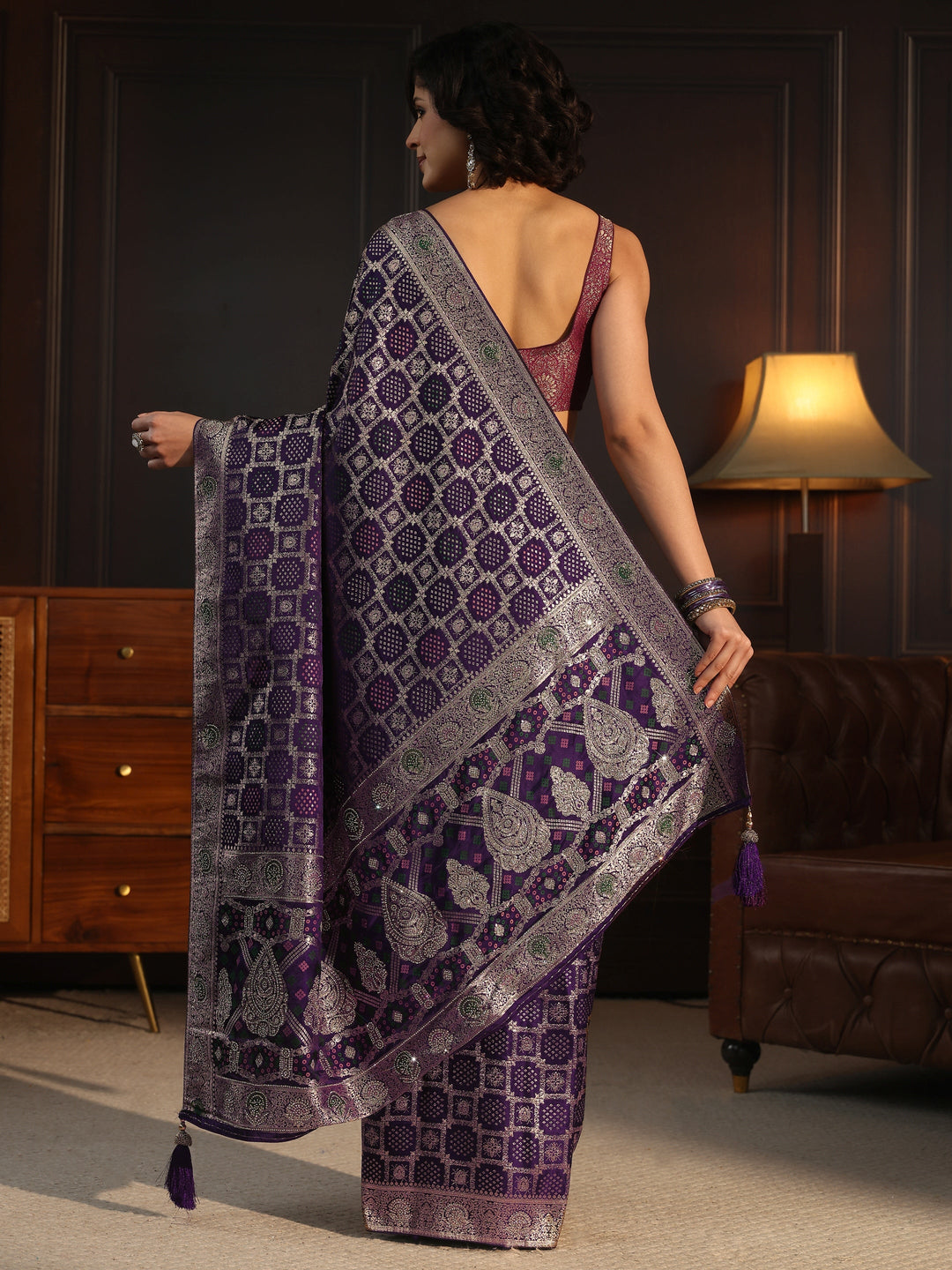 Libas Art Purple Stone Work Embellished Satin Saree