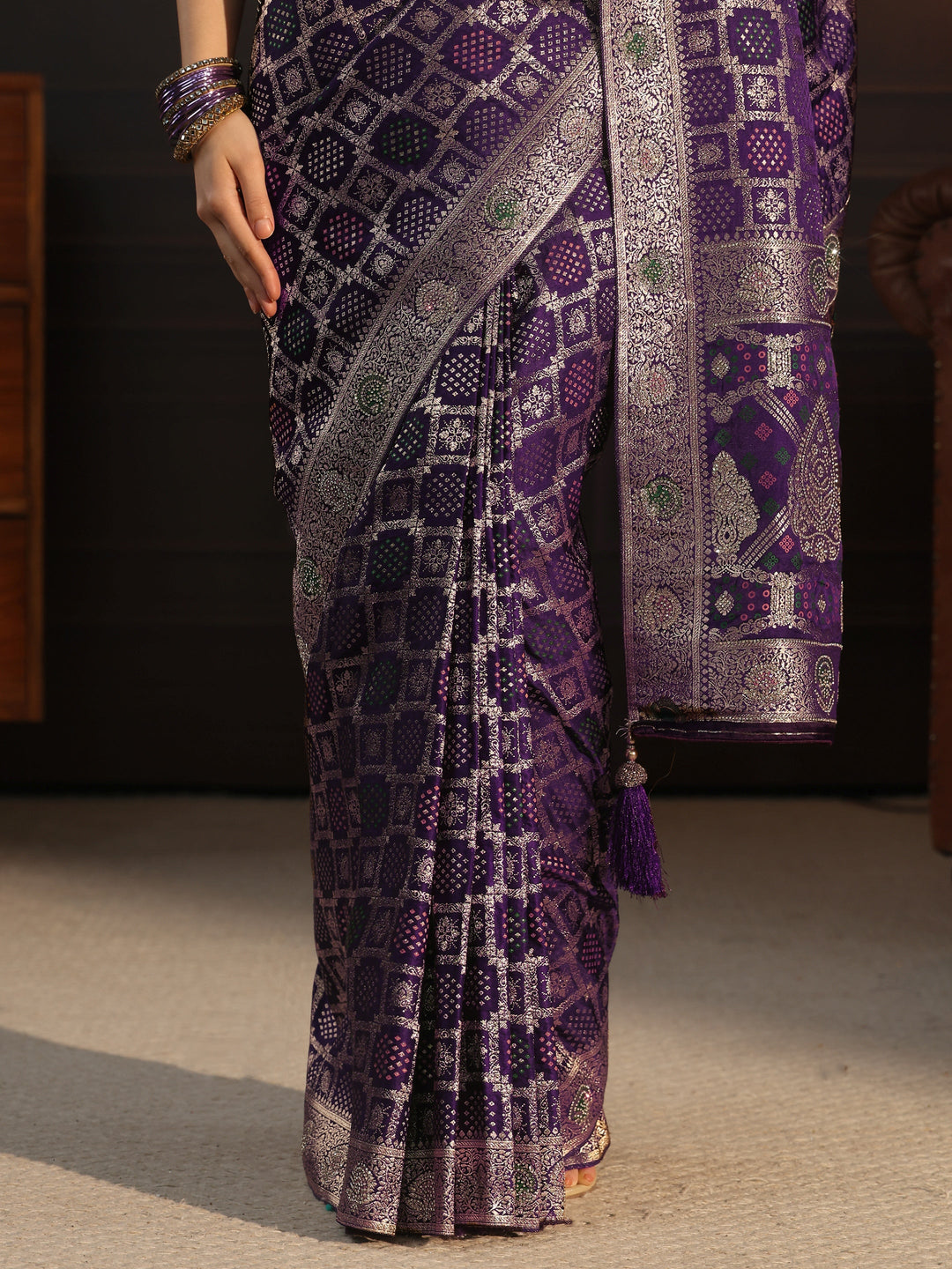 Libas Art Purple Stone Work Embellished Satin Saree
