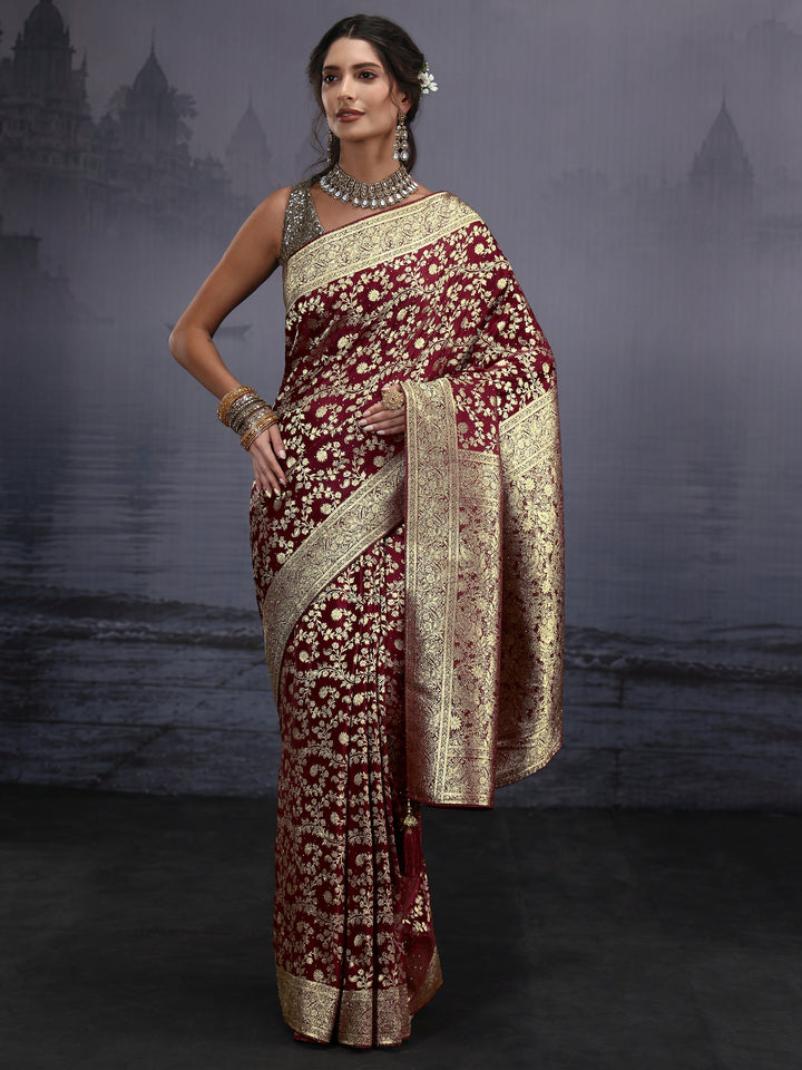 Libas Maroon Banarasi Brocade Saree