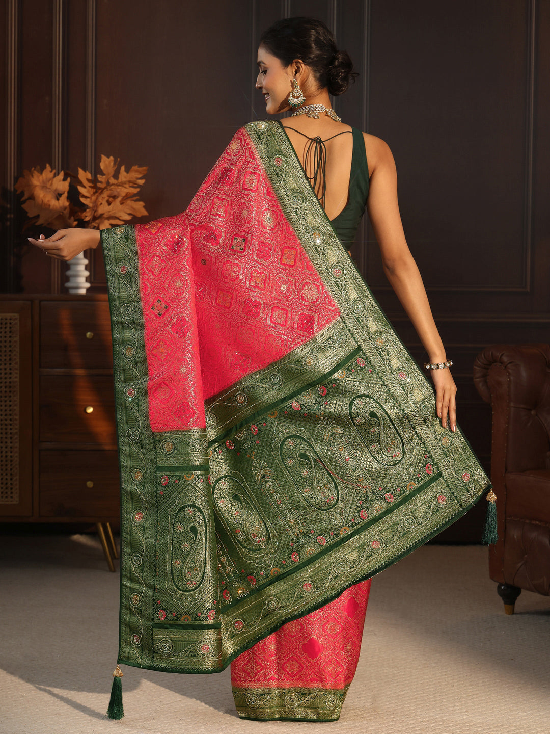 Libas Red and Green Woven Design Silk Blend Saree