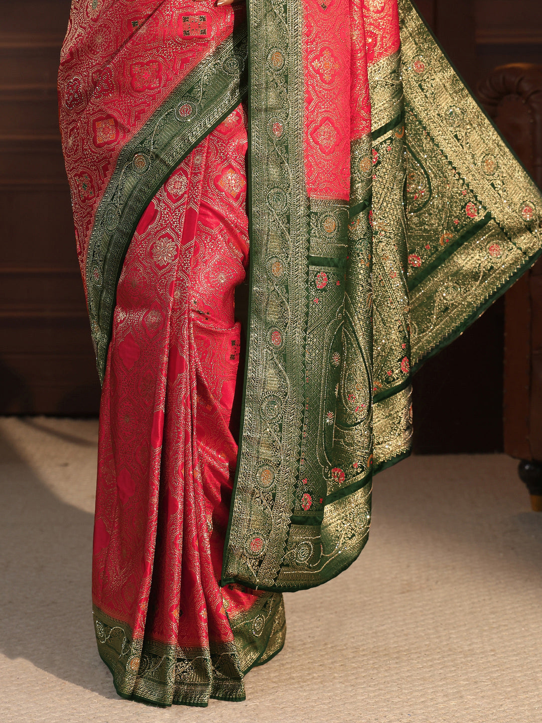 Libas Red and Green Woven Design Silk Blend Saree