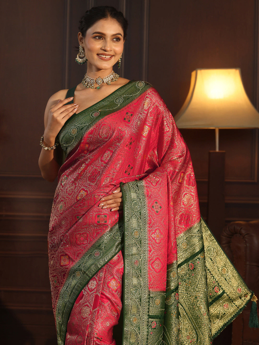 Libas Red and Green Woven Design Silk Blend Saree