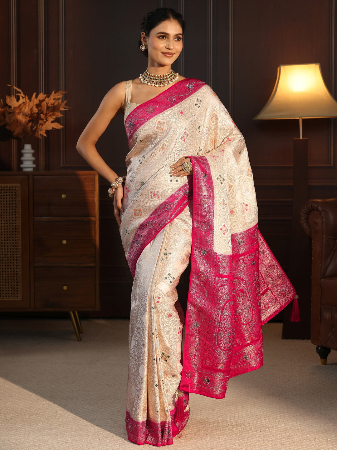 Libas Cream and Red Woven Design Silk Blend Saree