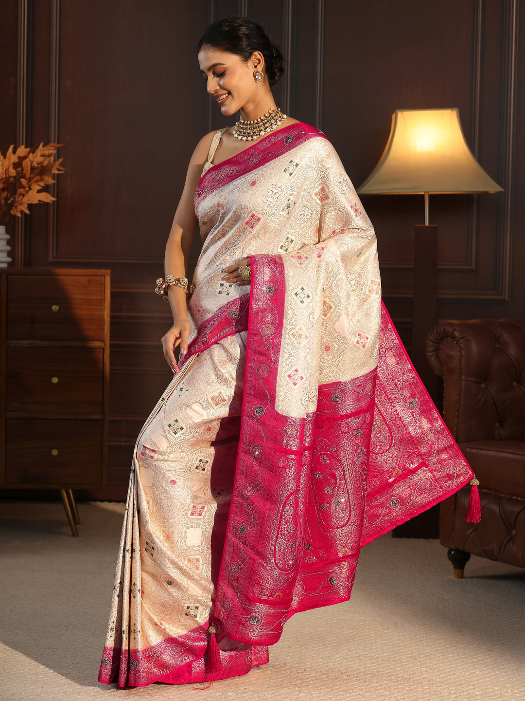 Libas Cream and Red Woven Design Silk Blend Saree