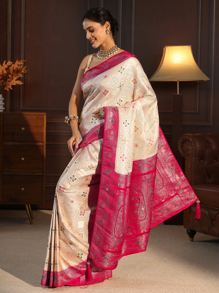 Libas Cream and Red Woven Design Silk Blend Saree