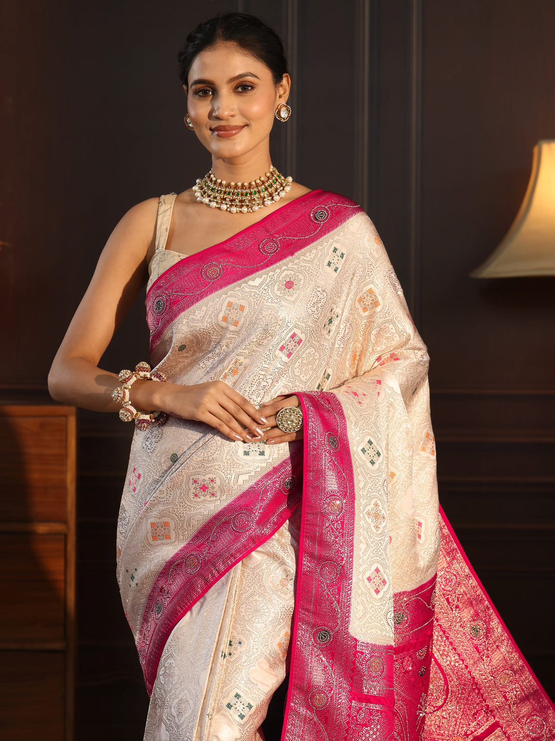 Libas Cream and Red Woven Design Silk Blend Saree