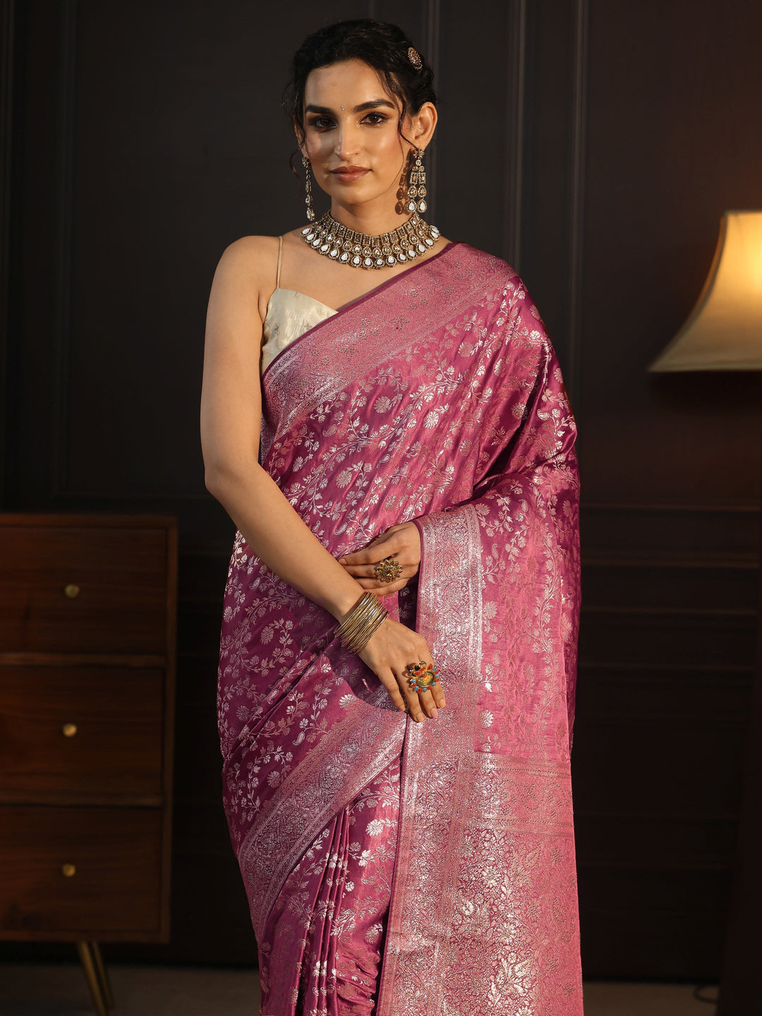 Libas Mauve Floral Woven Design Brocade Saree