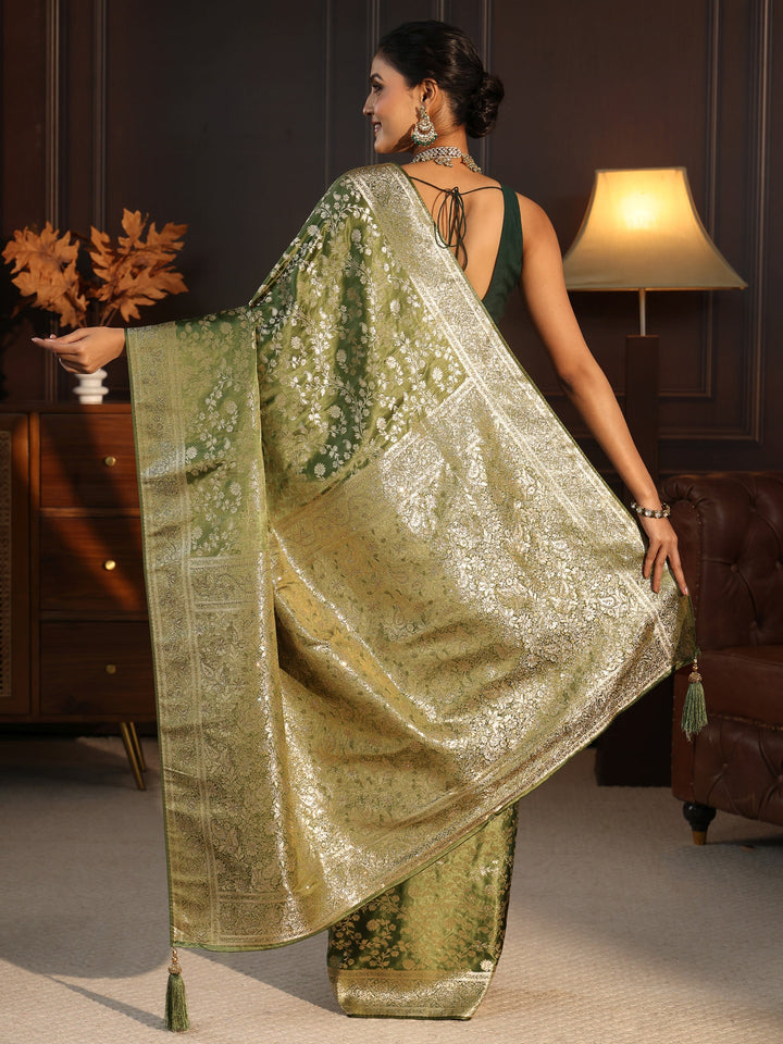 Libas Leaf Green Floral Woven Design Brocade Saree