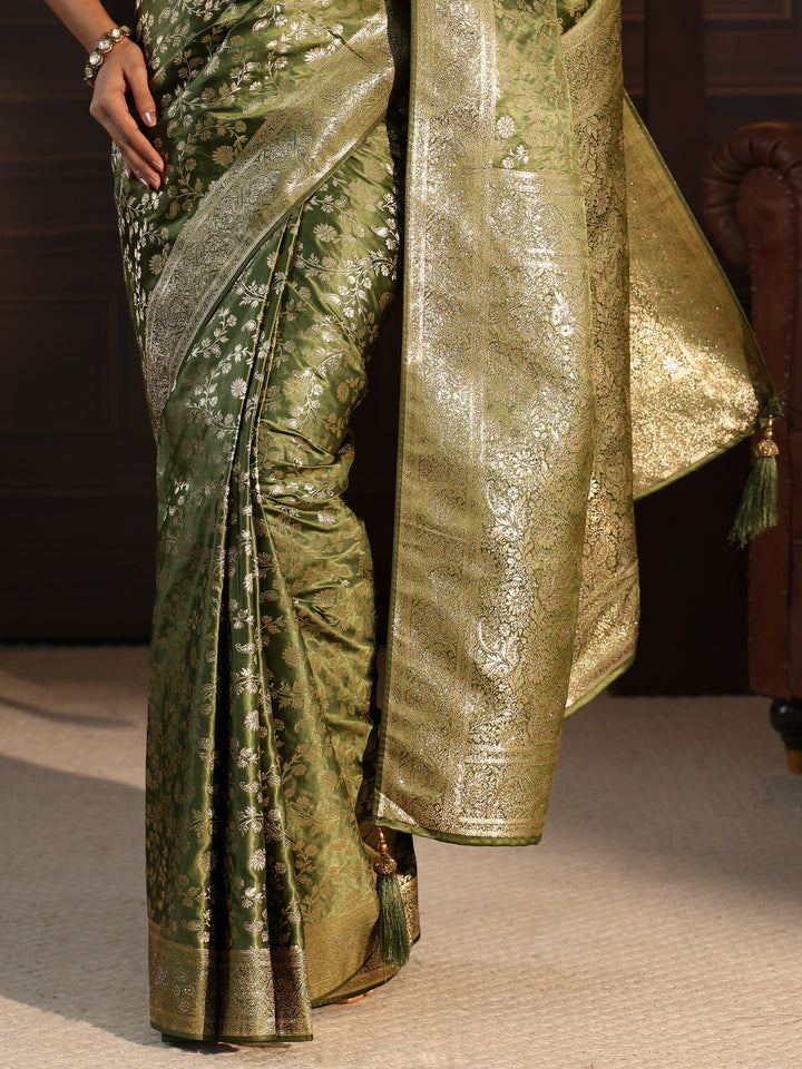 Libas Leaf Green Floral Woven Design Brocade Saree