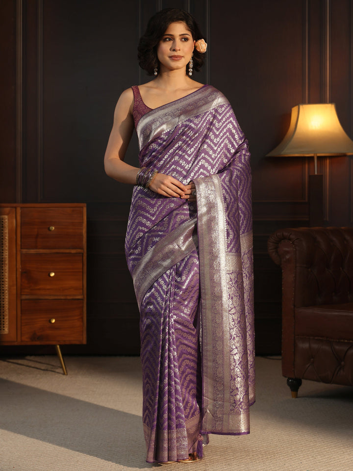 Libas Purple Floral Woven Design Brocade Saree