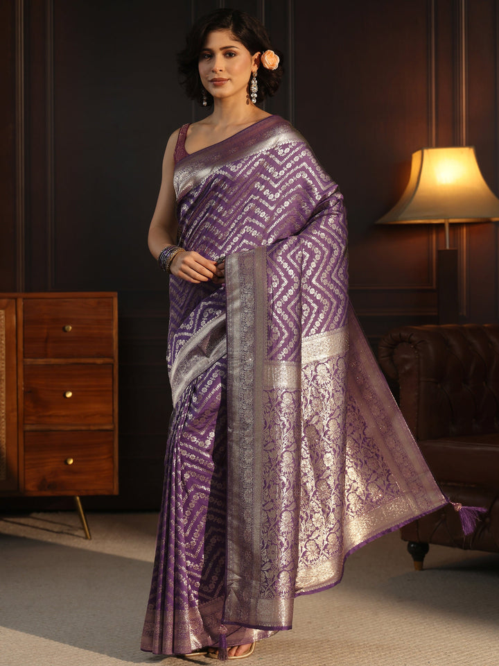 Libas Purple Floral Woven Design Brocade Saree