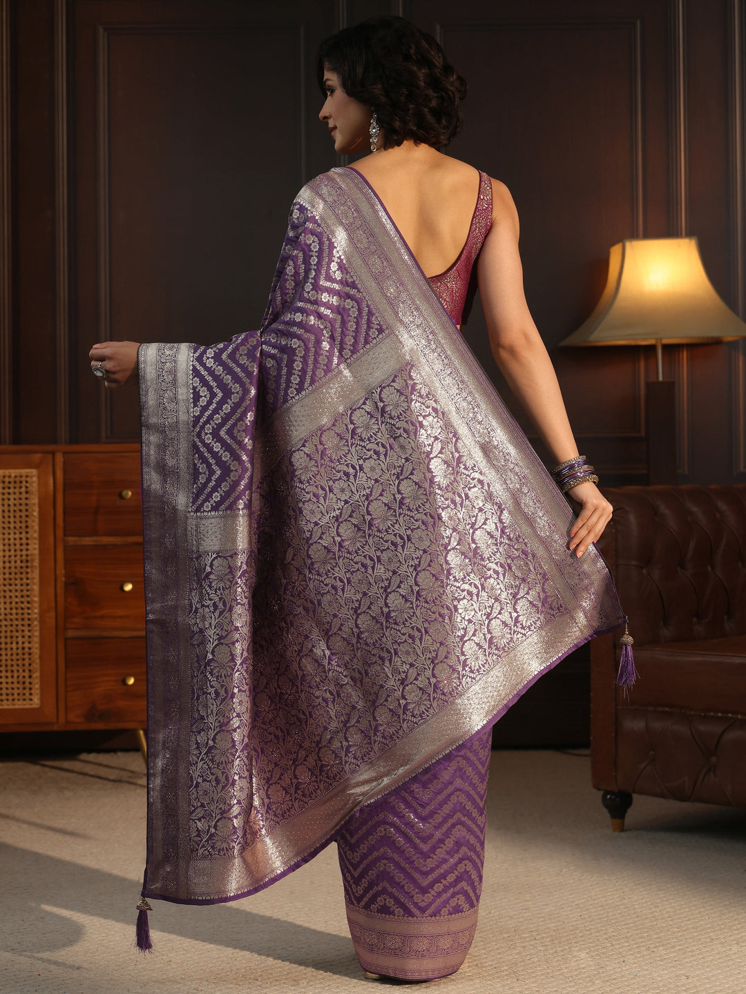 Libas Purple Floral Woven Design Brocade Saree