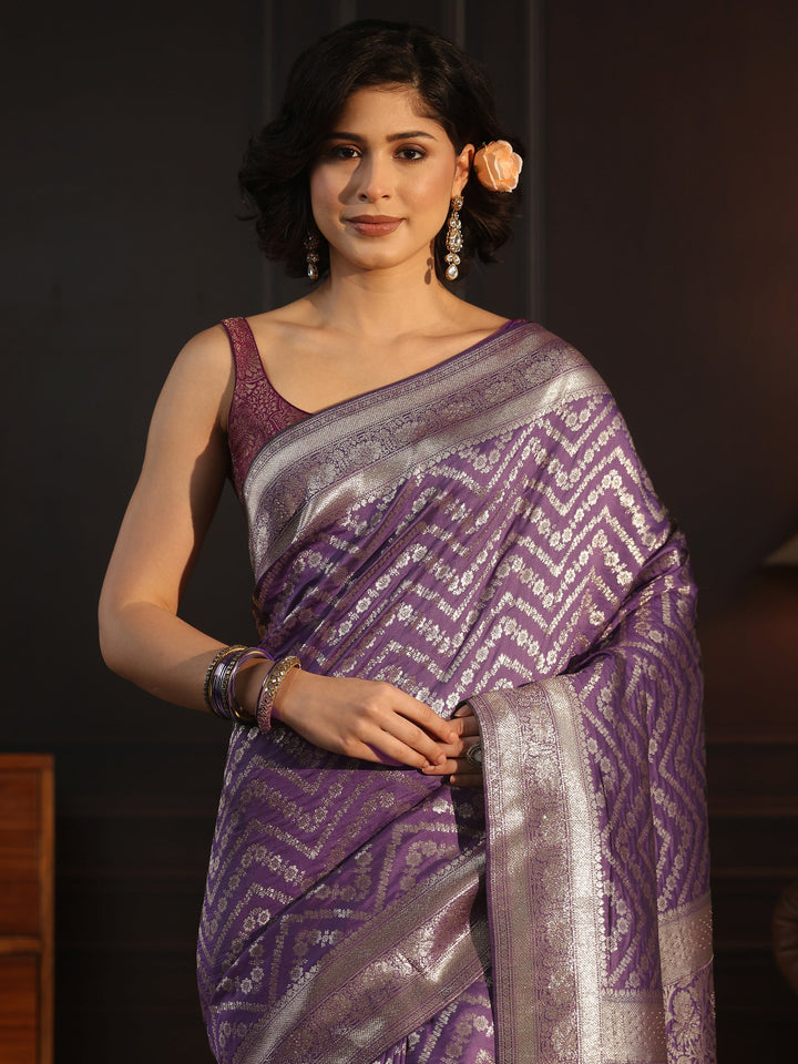 Libas Purple Floral Woven Design Brocade Saree