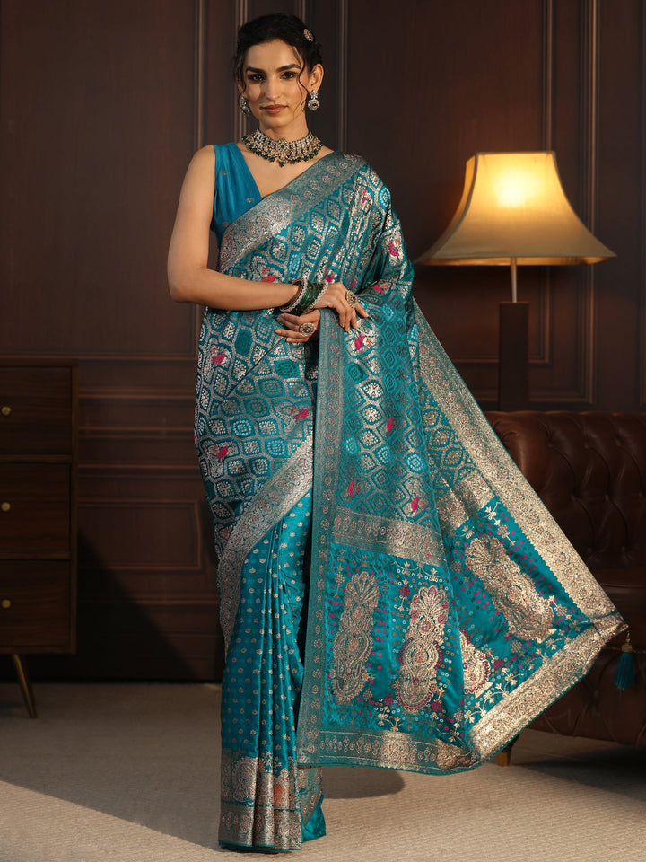 Libas Art Blue Embellished Woven Design Silk Blend Saree