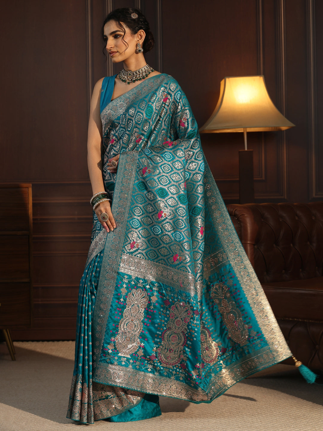 Libas Art Blue Embellished Woven Design Silk Blend Saree